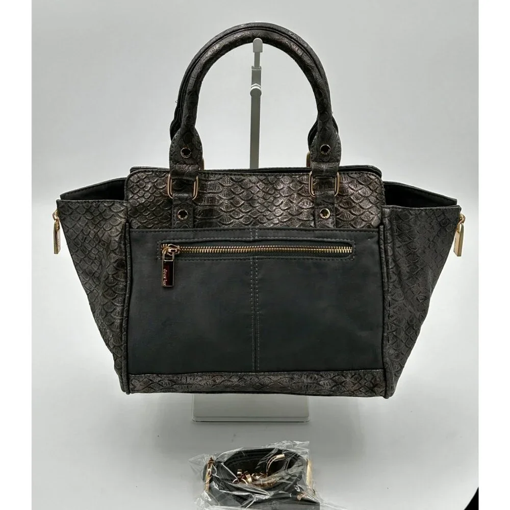 Deux Lux Satchel Tote Women Gray Faux Leather Croc Embossed Metallic Chain Strap
